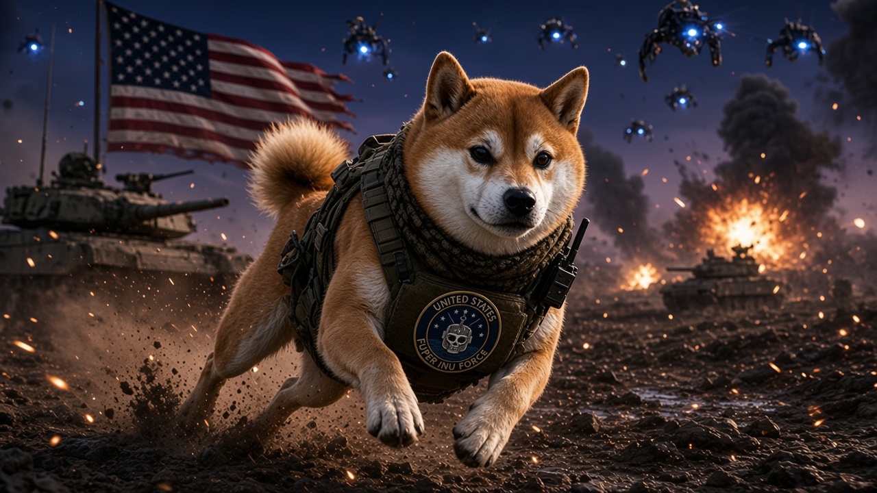 Super Inu Force commander charging a muddy battlefield under AI drones, tanks and a torn American flag behind him