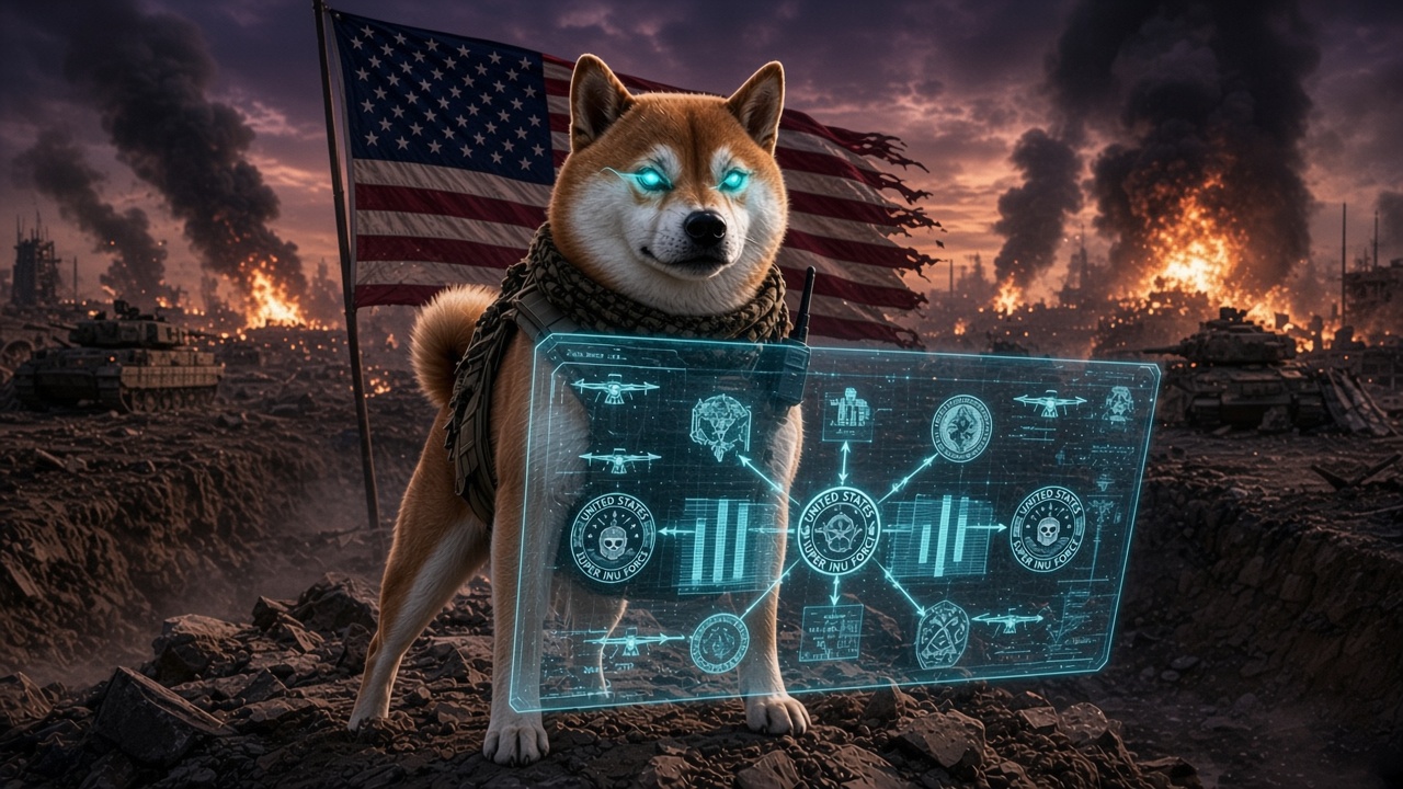 Commander on battlefield rubble with glowing eyes, reading a holographic AI risk board beside a torn American flag