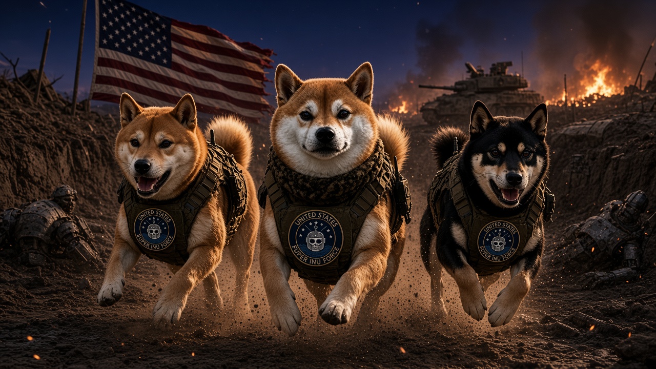 Three Super Inu Force Shiba soldiers charging a battlefield trench past wrecked combat robots